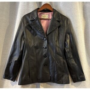 Wilsons Leather Jacket Maxima Black Collar Pink Lining Zip Up Women's Sz L Y2K